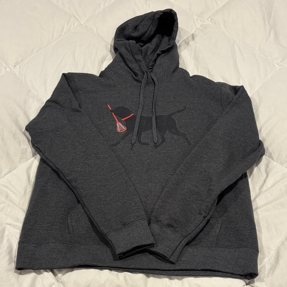 Charcoal Gray Hooded Pullover Sweatshirt with Dog lacrosse Graphic